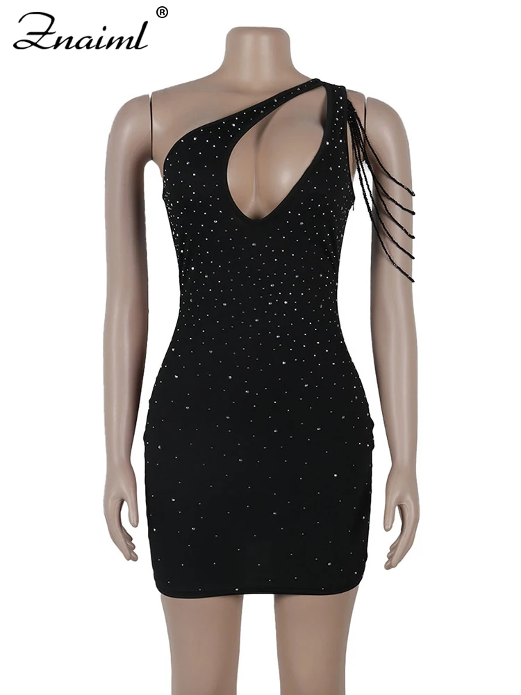 Znaiml Women Luxury Diagonal Collar One Shoulder Strap Black Beading Bodycon Gowns Mini Dress Birthday Sexy Night Club Bar Robe — zdjęcie 4