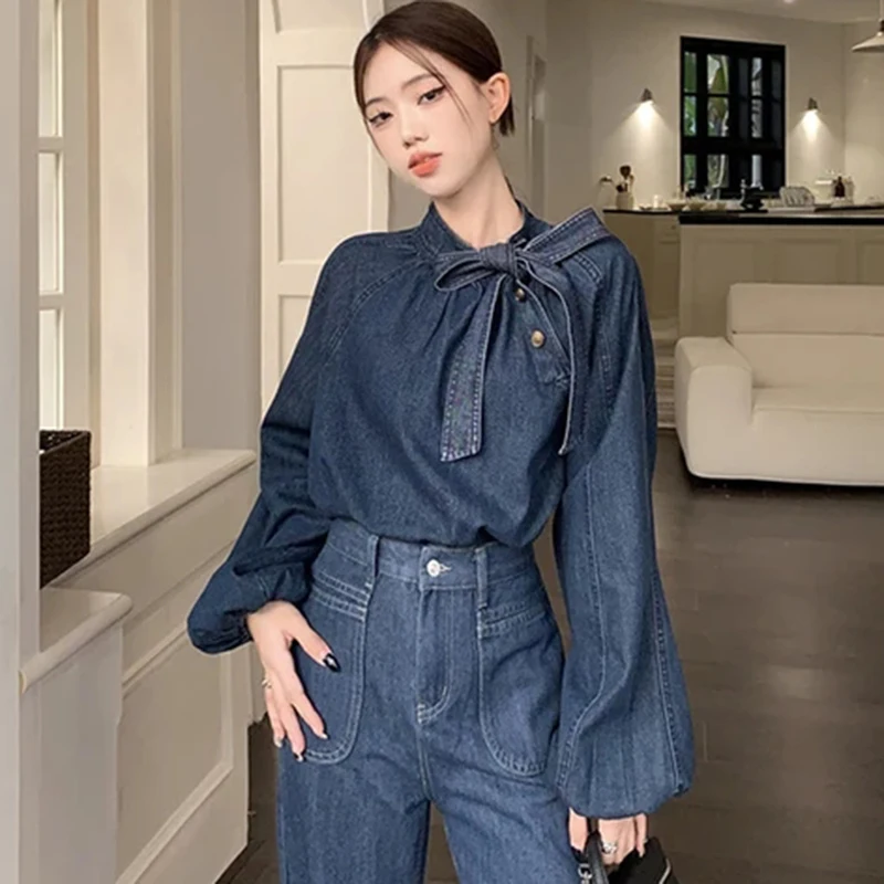 

GIDYQ Vintage Denim Shirts Women Elegant Chic Bow Bandage Jean Blouses Korean Casual Buttons Puff Long Sleeve Tops Spring New