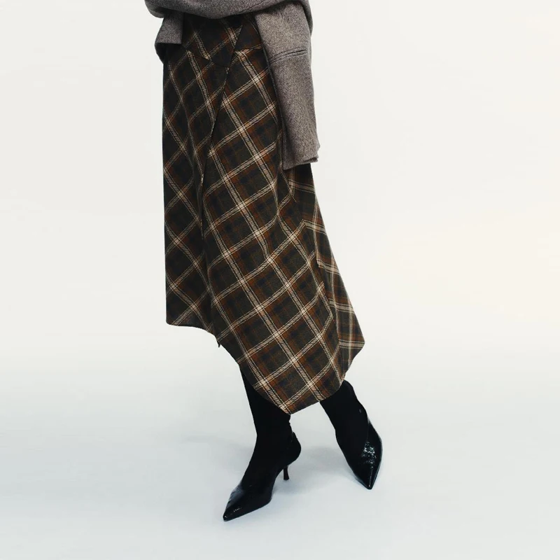 

Retro Elegant Irregular Hem Grid Skirt A- Line Loose Casual Stretching Waist Skirt 2025 New Lady Autumn Winter Streetwears