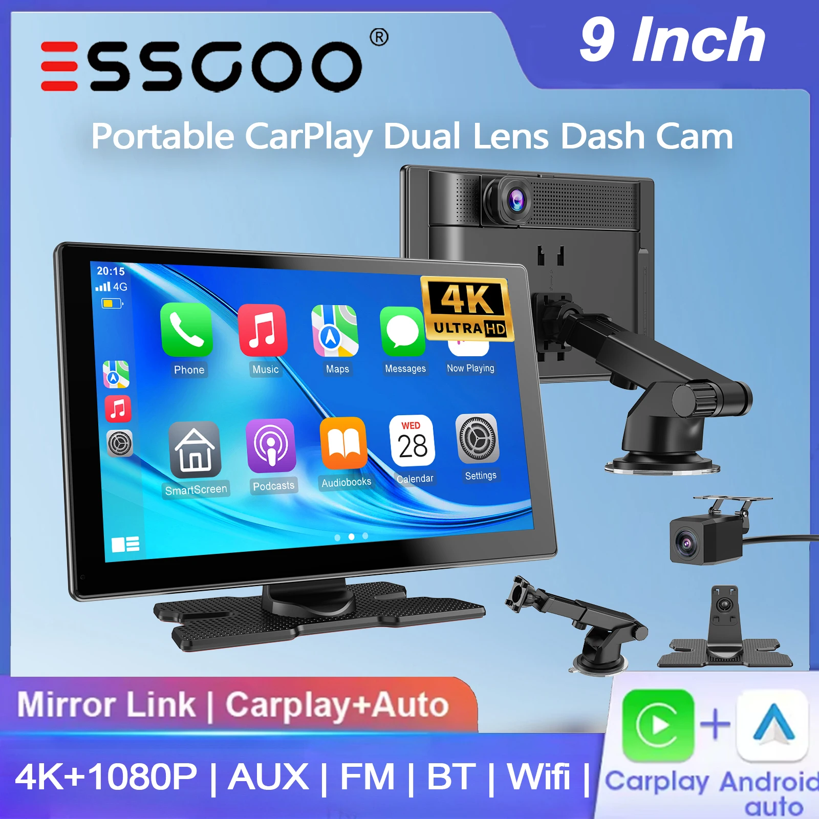 ESSGOO Dash Cam con doppia lente e schermo touchscreen IPS da 9" Portatile Wireless CarPlay Android Auto 4K+1080P con telecamera posteriore FM BT TF AUX Type-C per rimorchio, furgone, caravan