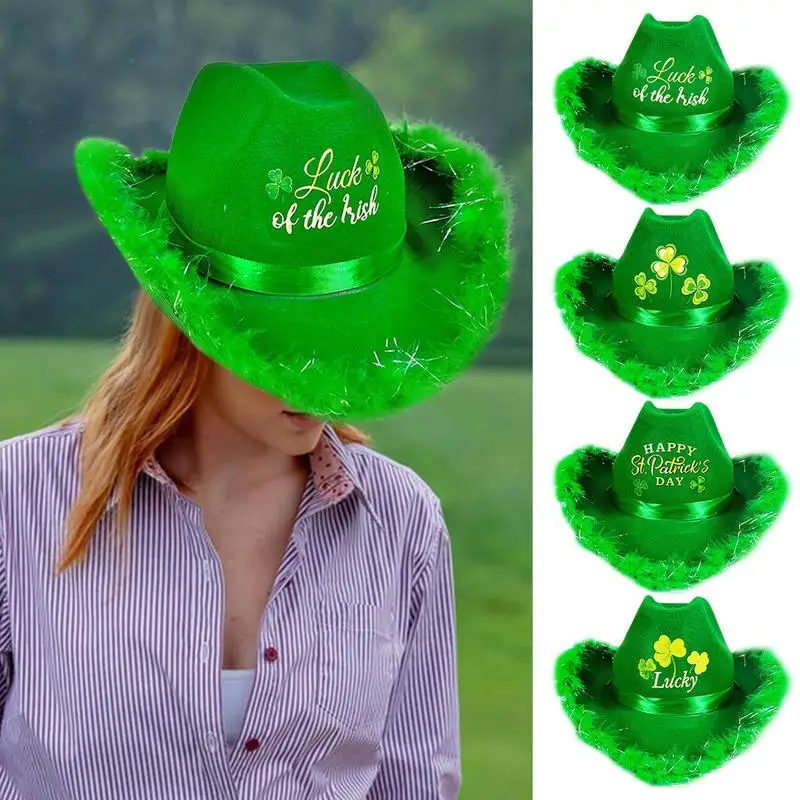 St Patrick Day Cowgirl Hat Unisex Irish Holiday Caps St Patrick Day Shamrock Felt Cowgirl Hats For Party Decor Festival Headwear