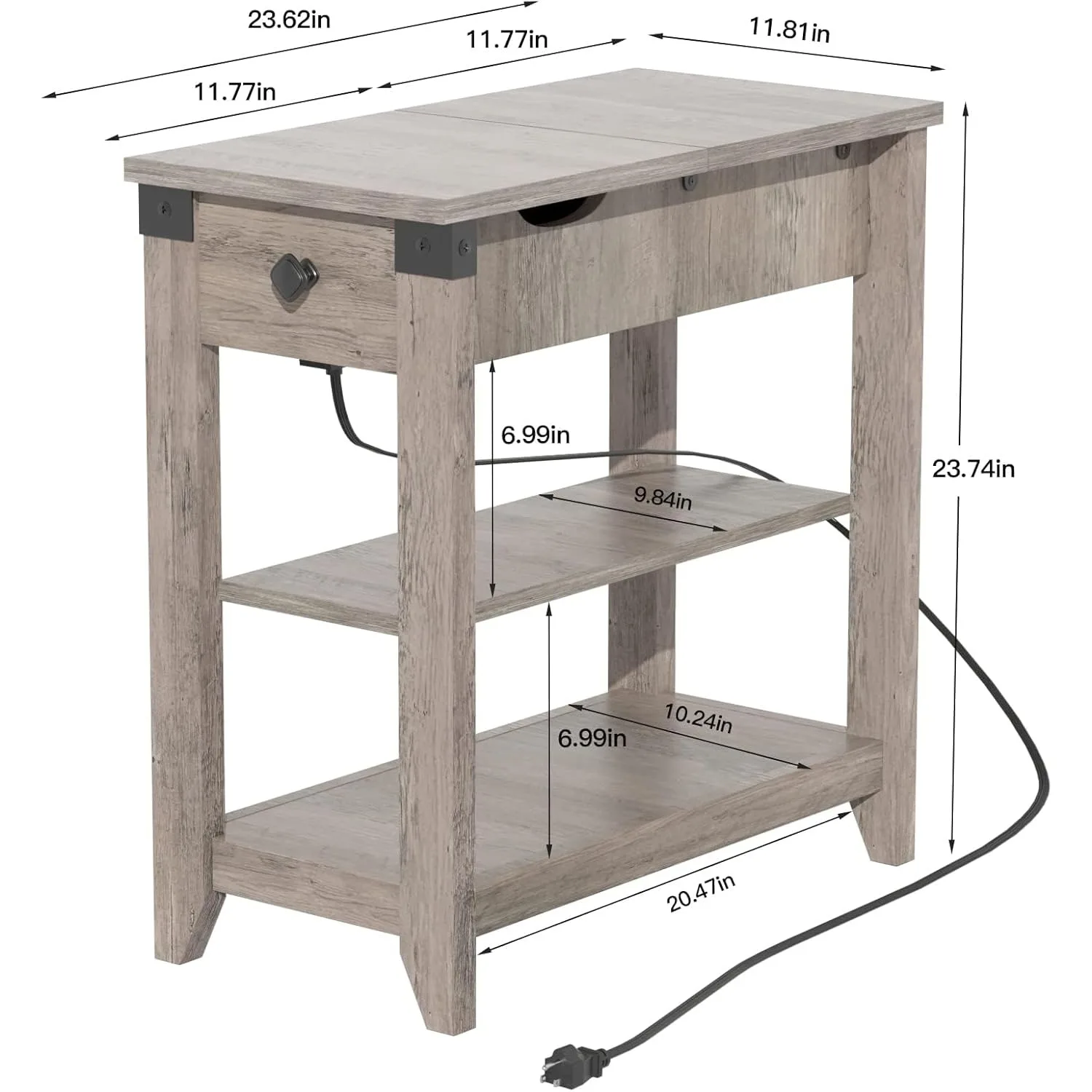 Mesa final estreita com estação de carregamento, mesa lateral flip top com portas e tomadas USB, mesa de cabeceira de fazenda com armazenamento