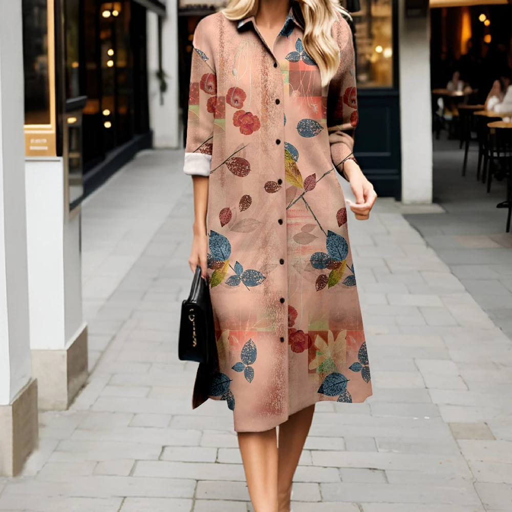 2025 Abito camicia da donna casual primavera/autunno Abito ampio con colletto con stampa floreale Abito lungo da donna alla moda ed elegante