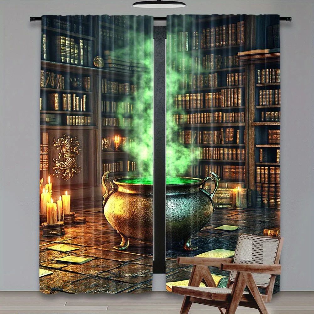 Magic Library Curtains, Witch Cauldron Green Smoke Scene Window Drapes, Fantasy Room Decor Blackout Fabric for Living Room Study
