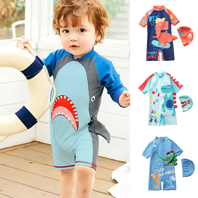 Ircomll Baby Boys Swimwear With Cap Surfing Wear Cartoon Dinosaur Swimming Suit Infant Toddler Boy Sunscreen Beach Bathing Suit