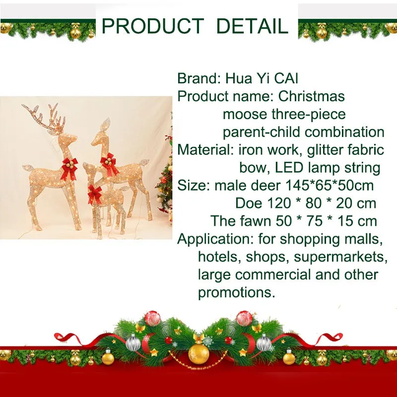 Christmas Decoration Ornaments 30 40 50 CM  Gold Deer Elk Led Light Xmas Tree Scene Room House Navidad New Year Decoration