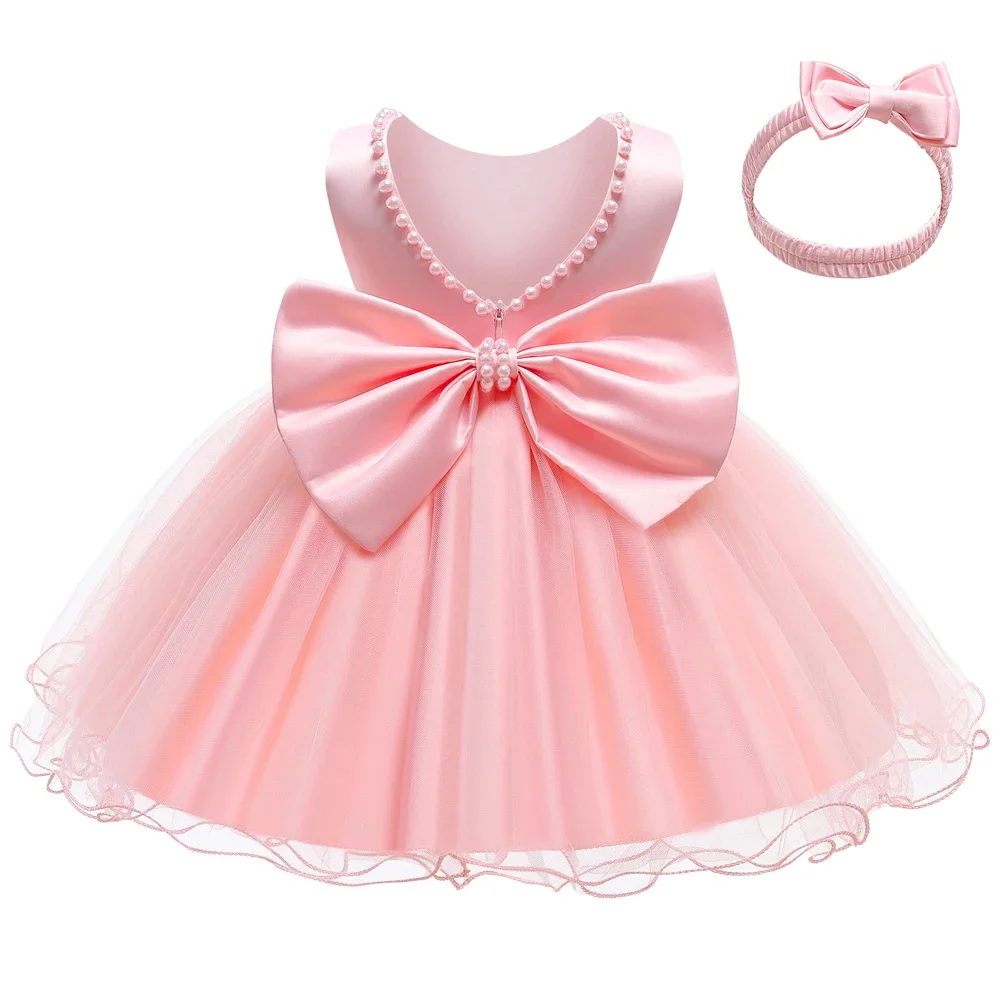 baby White Wedding Dress Satin Princess Baby Girl Bridemaid Dress with Bow 1 Year Birthday Baptism Party Dress for Girl 3 6 9 12