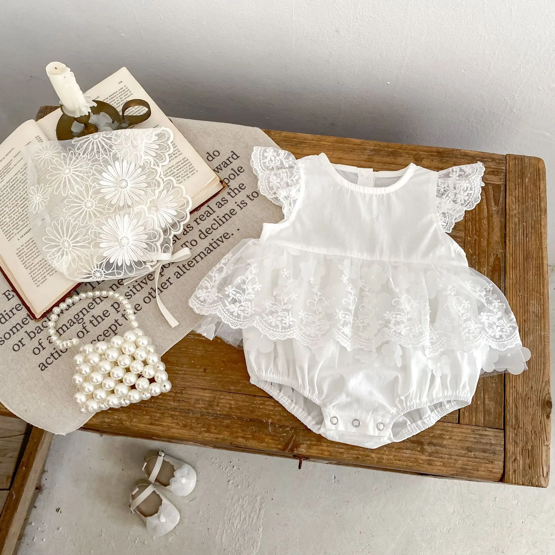 ملابس أطفال صيفية جديدة بعمر 0-3 سنوات، تنورة رائعة من قطعة واحدة بأكمام طائرة من الدانتيل مع رقبة دائرية للفتيات الصغيرات #4