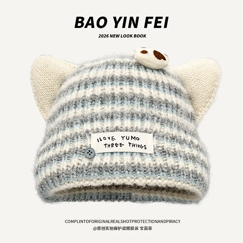 Japanische Cartoon-Strickmütze mit süßen Streifen, Winter-Outdoor-Mütze mit Katzenohren, warme Ohrenschutz-Beanie-Mütze für Damen – Detail 6