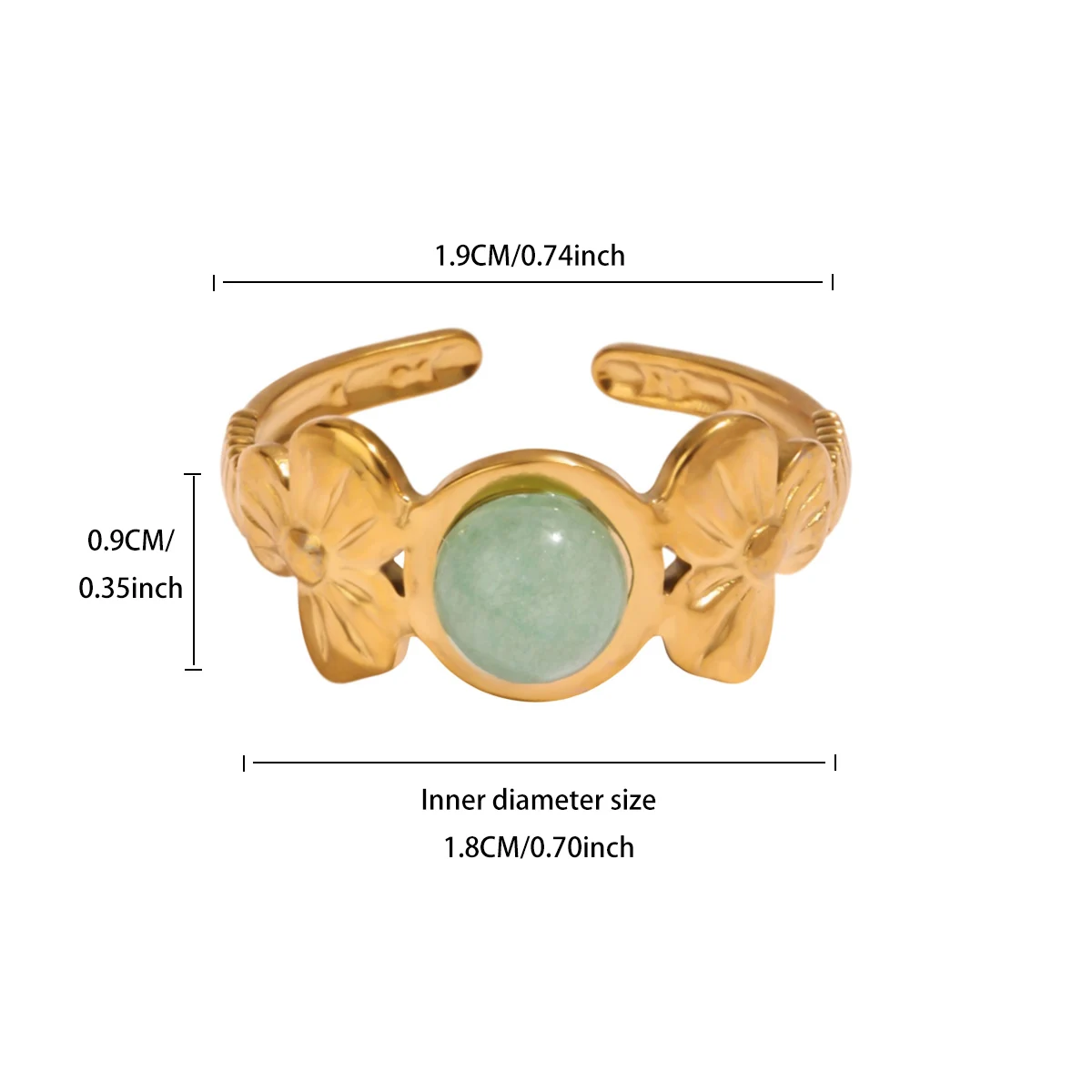 Vintage-Blumenring mit grünem Stein, offener Ring für Damen, Edelstahl, goldfarben, Imitation von Jade, verstellbarer Ring, ästhetischer chinesischer Schmuck. – Detail 4