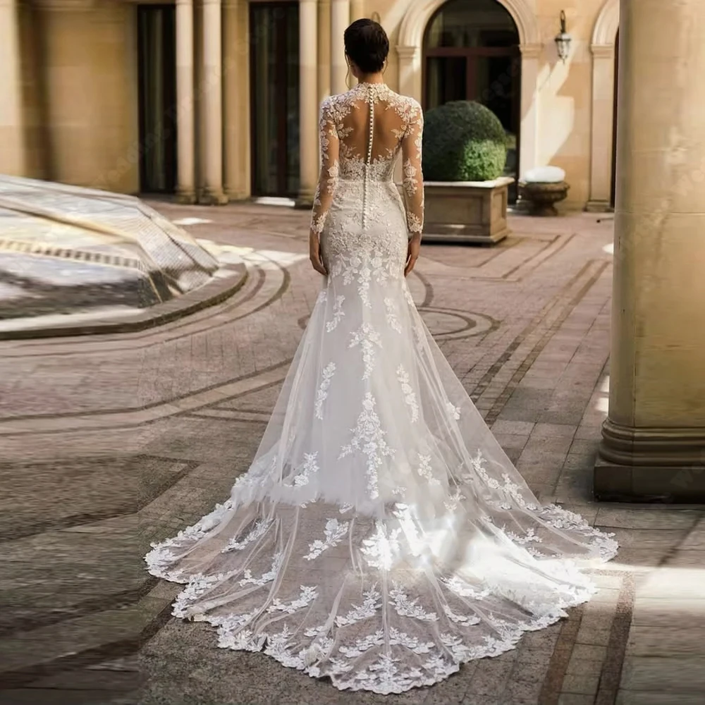 فساتين زفاف أنيقة بأكمام طويلة للنساء فساتين زفاف مثيرة من الدانتيل مطبوعة بحورية البحر بطول التطهير فيستدو دي نوفيا مخصصة