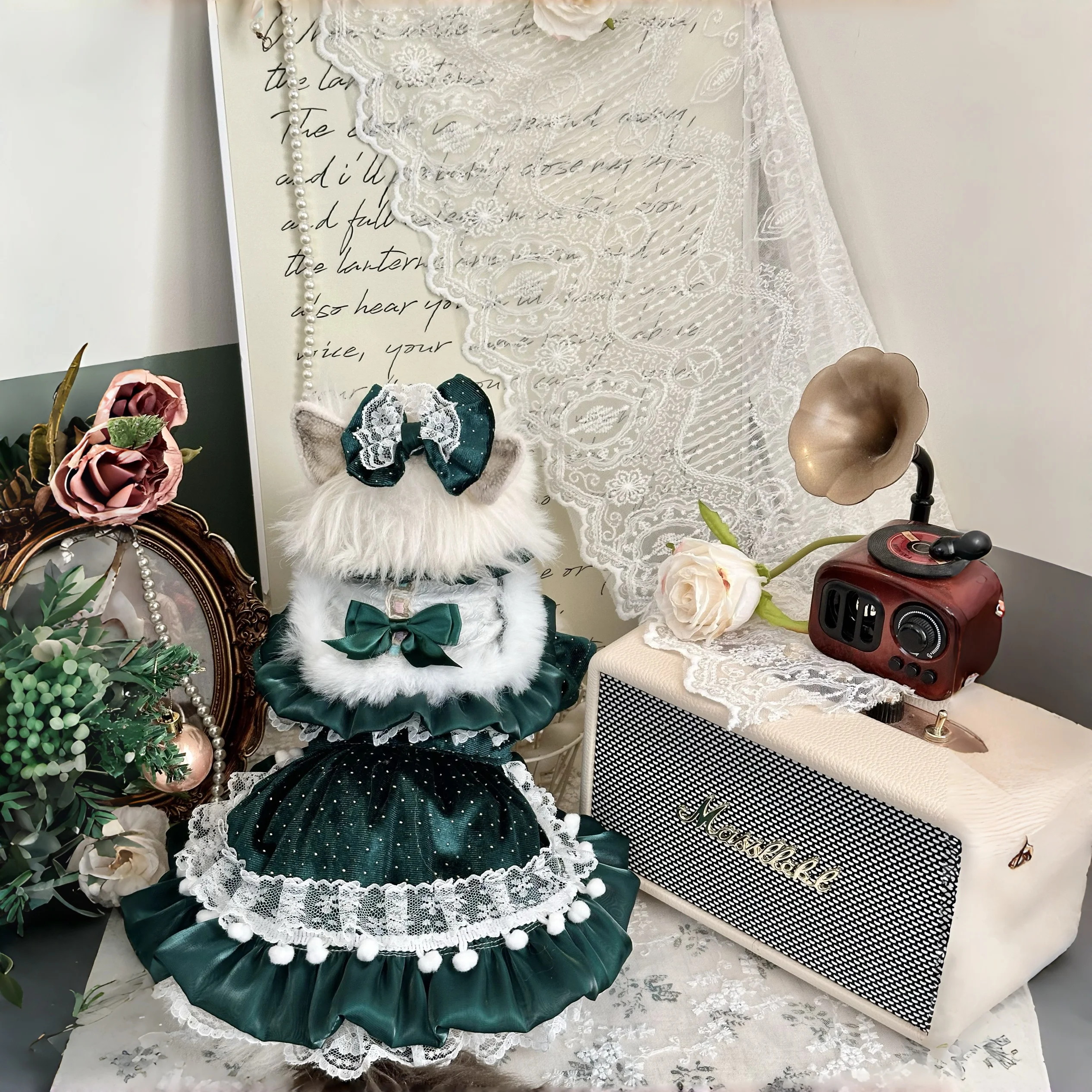 

Pet cat clothes Holiday gown with velvet lace design for autumn winter photo shoots small pet princess dress Costume for cat