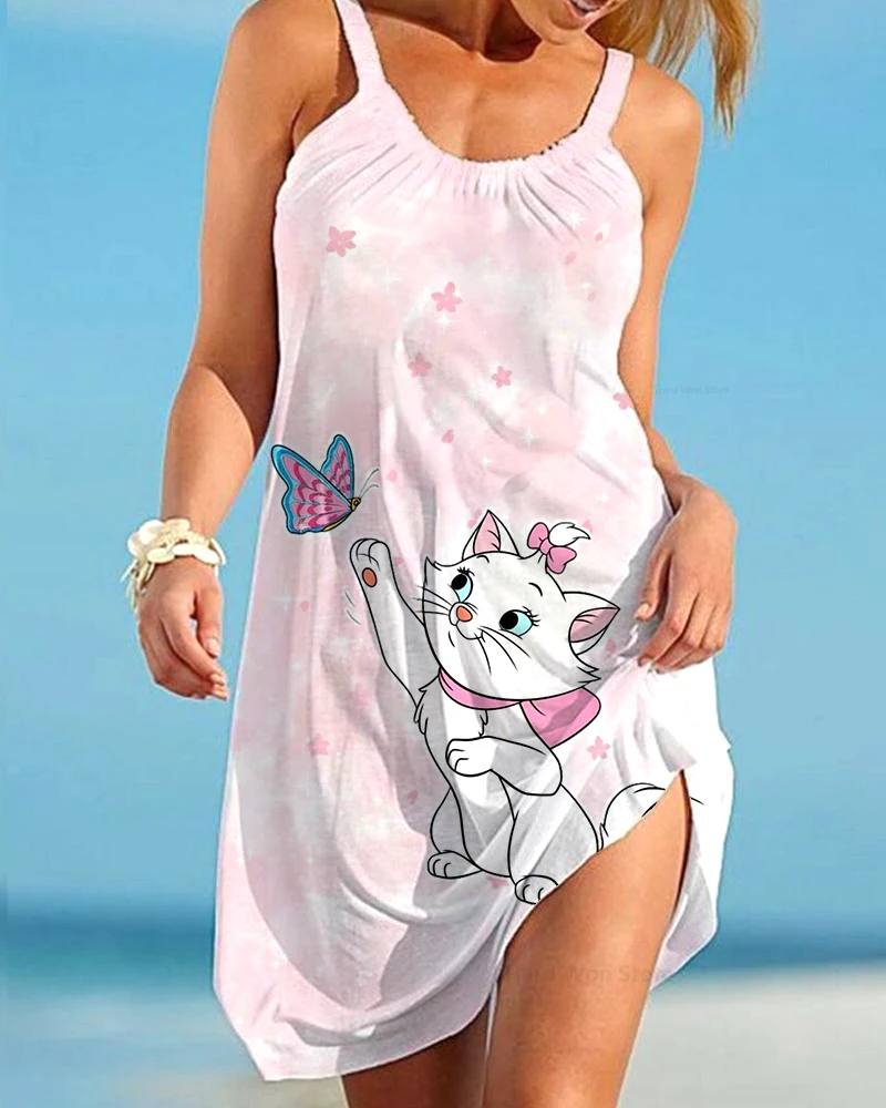 Nieuwe zomer vakantie aan zee casual strandjurk Disney Marie Cat Print tanktopjurk losse comfortabele jurk