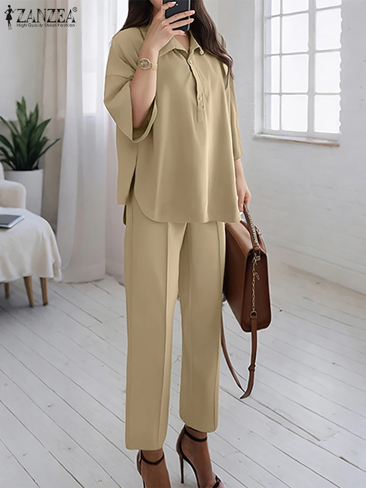 

ZANZEA Autumn Office Sets Women Casual Lapel Neck Split Blouse Elastic Waist Pants Suits Vintage Outfits Solid Matching Sets