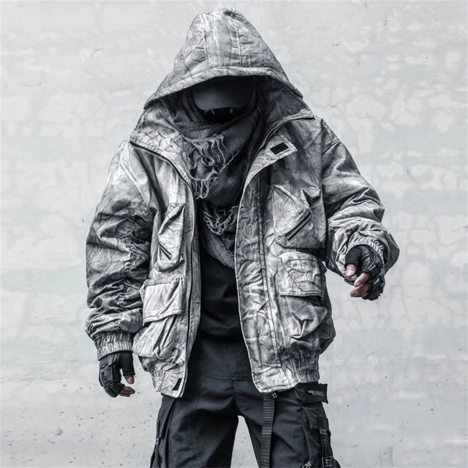 Vintage Winter Hooded Jackets Men Hip Hop Grunge Thick Warm Parka Coat Functional Tie Dye Baggy Punk Gothic Grey Pocket Jackets