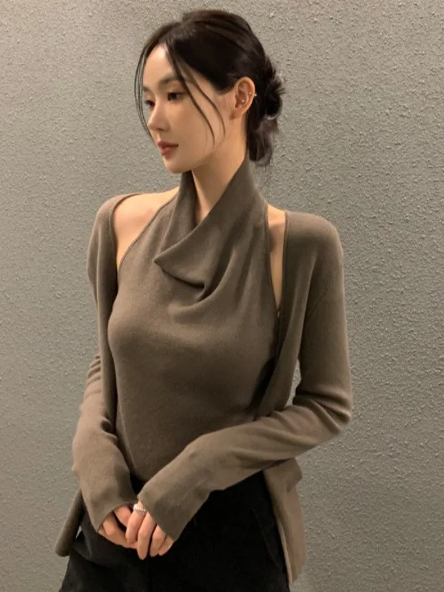 بلوزة نسائية محبوكة بياقة على شكل V، تصميم عملي متعدد الاستخدامات، نمط خريفي جديد، إطلالة كاجوال، قميص بحمالة رقبة