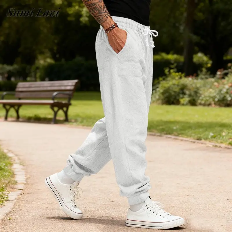 

Свободные мужские брюки для бега на шнурке, весенне-осенние повседневные однотонные брюки для мужчин, модные текстурированные брюки на шнуровке