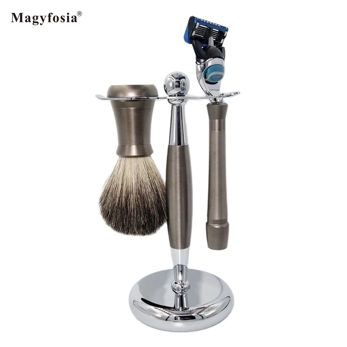 Magyfosia Men's New Luxury Gunmetal Grey 5-Layer Fusion Razor Manual Shaver Soft Badger Hair Shaving Brush and Bowl Set Gift