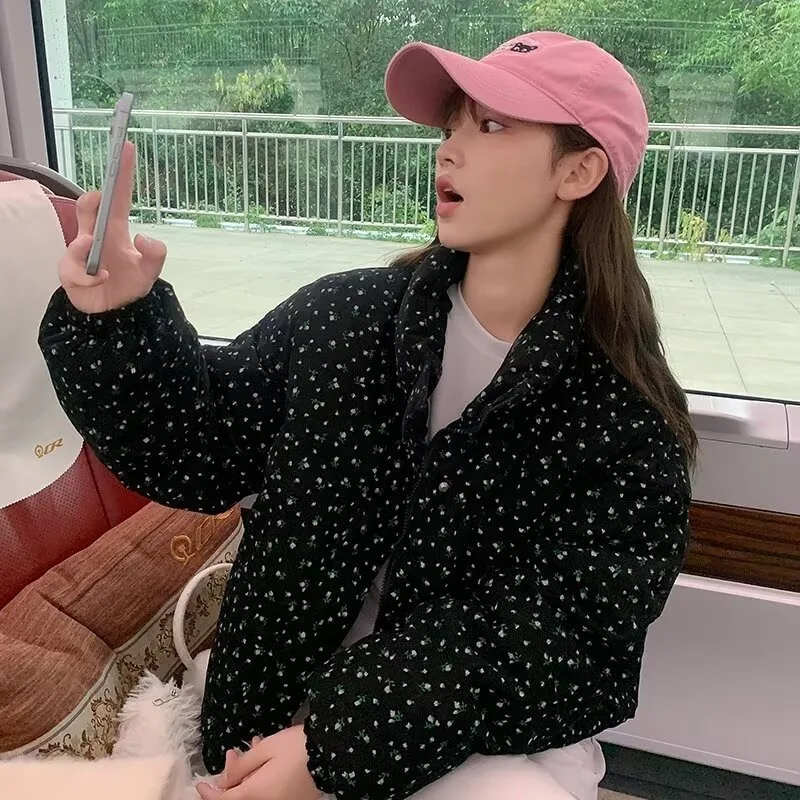 

Crop Parkas Women Winter New BF Retro Floral Design Half Turtleneck Cotton Chic Loose Thicken Warm Zipper Bread Tops Sweet Girl