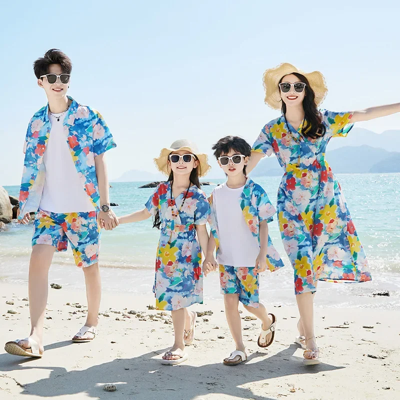 2024 Family Matching  Look Dad Son Floral Shirts Two Piece Brother and Sister Beach Clothes Mom Daughter Holiday Dress Vacation