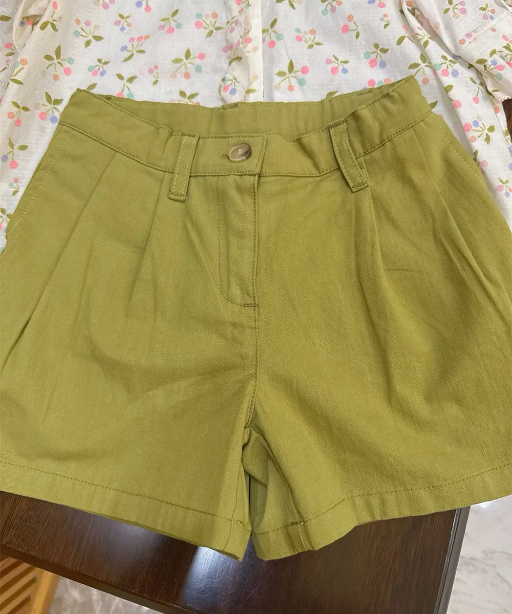 

kids clothes green shorts Fashionable and casual pure-colored girls' summer shorts Cherry Blossom Embroidery pants