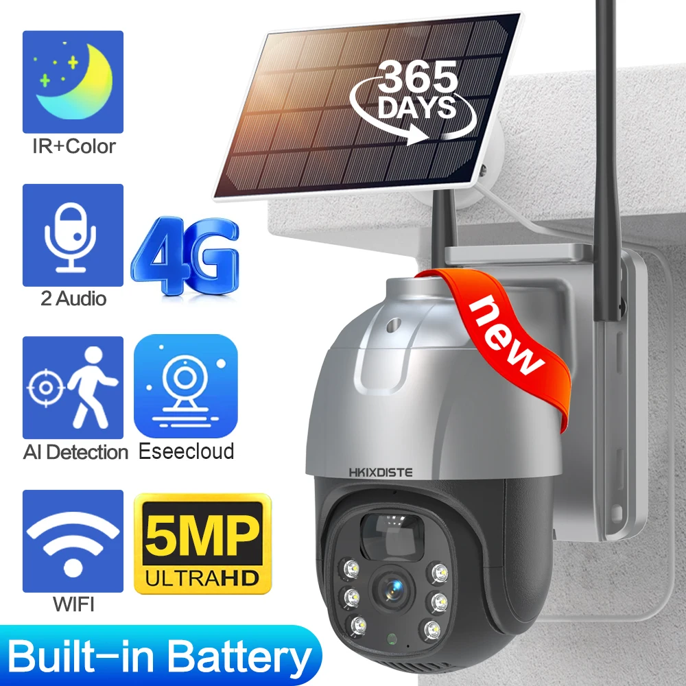 

5MP Outdoor Security Camera With Solar Panel 4G SIM Solar Camera PIR Human Detection Wireless Surveillance PTZ Battery Camera