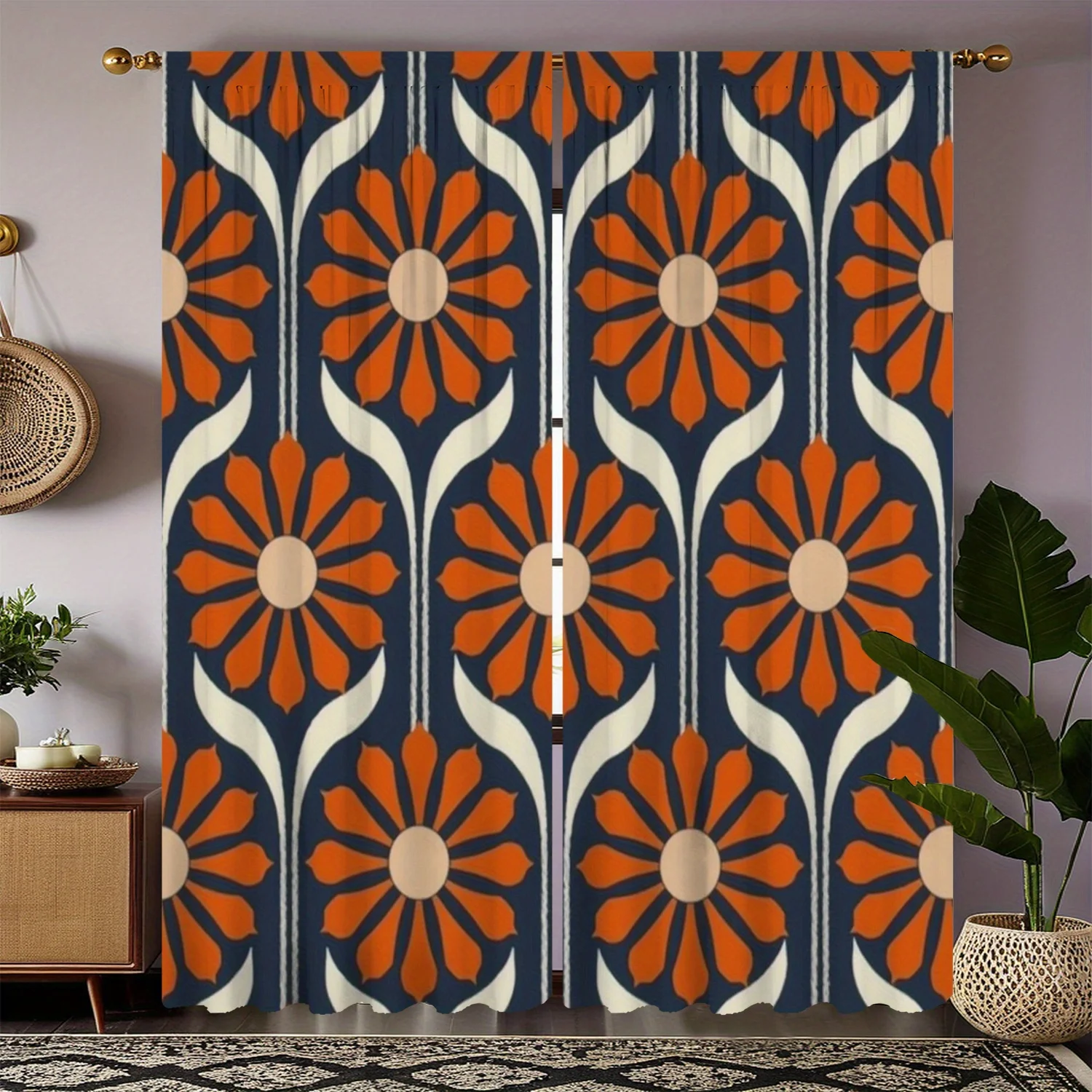 

Набор из 2 цифровых штор высокой четкости с темно-синим фоном и оранжевым цветочным узором, ретро-стиль, подходит для Livi