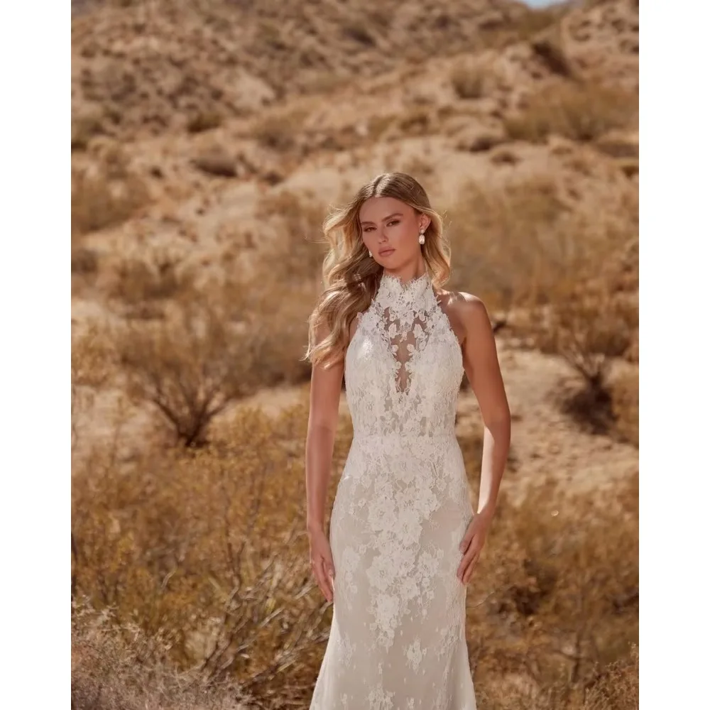Customized Lace Wedding Dresses For Bride Halter High Quality Backless Elegant White Bridal Cheap A-line for Floor-Length Simple