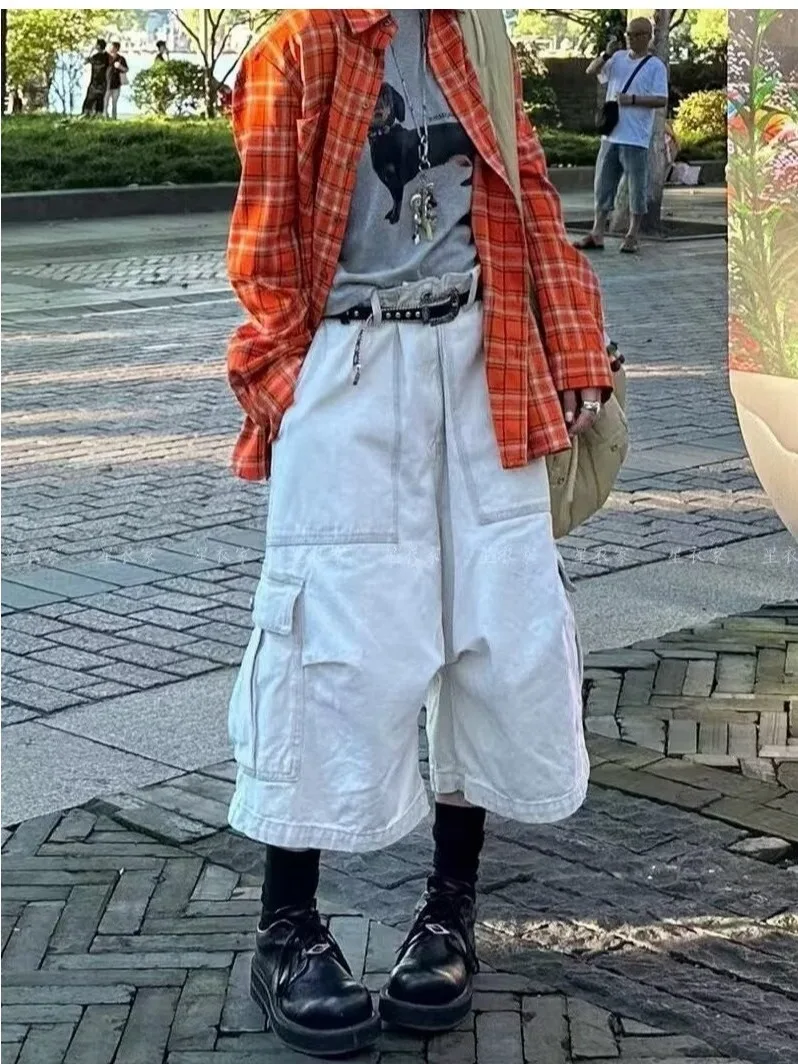 

Свободная рабочая одежда в стиле ретро, американская винтажная свободная рабочая одежда с несколькими картами, повседневные брюки с высокой талией и широкими штанинами на семь футов, мужская одежда