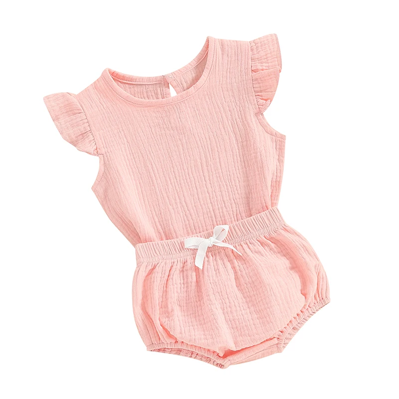 

Infant Baby Girl 2 Piece Summer Clothes Cotton Linen Outfit Solid Color Fly Sleeve Crewneck T-shirt And Shorts Set