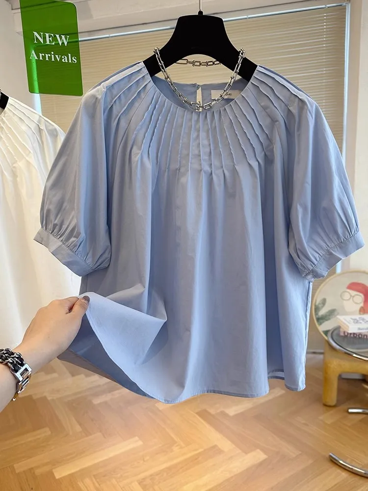 Women Blue Chic Puff Sleeve Blouse Sexy Off Shoulder O-neck Solid Color Puff Sleeve Loose Tops Shirt