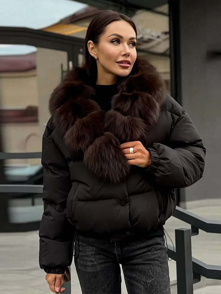 Fashion Solid Women's Puffer Jacket Faux Fur Collar Splice Long Sleeves Short Loose Coat Chic 2026 Autumn Winter New Daily Wear 4