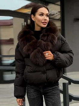 Fashion Solid Women's Puffer Jacket Faux Fur Collar Splice Long Sleeves Short Loose Coat Chic 2026 Autumn Winter New Daily Wear 4