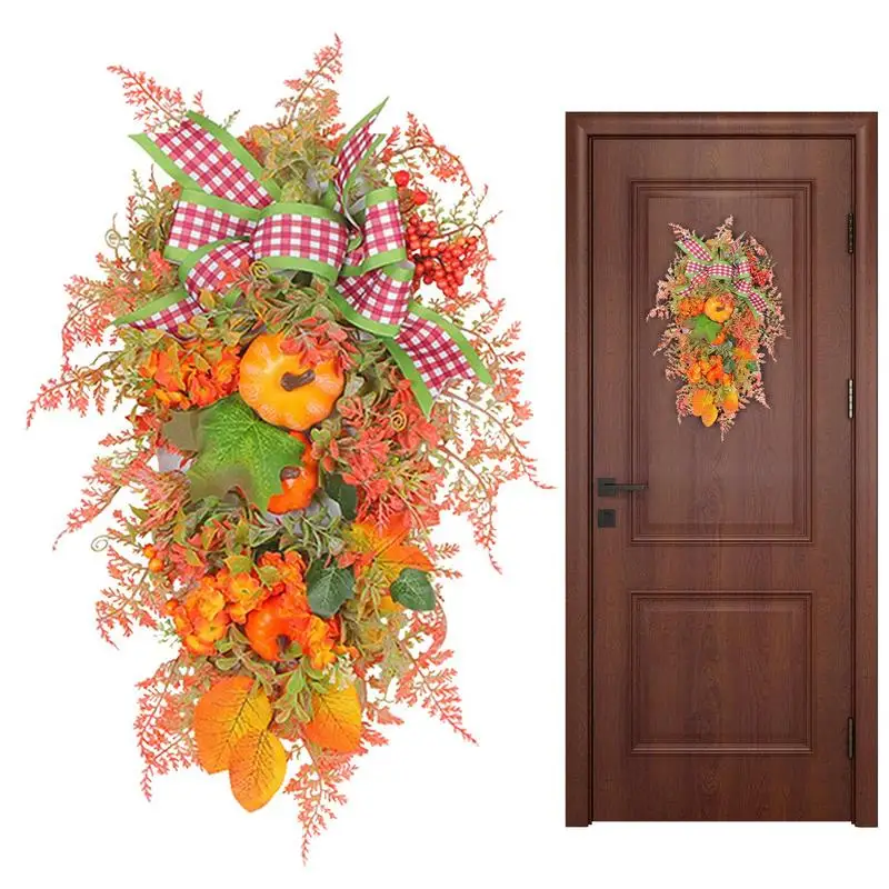 

Halloween Front Door Artificial Wreath Fake Wreaths For Front Door Decor Artificial Bow Wreath With Fake Pumpkin Autumn Fall Fes