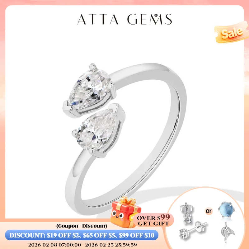

ATTAGEMS 925 Sterling Silver Double Pear Cut Moissanite Rings for Women D VVS1 0.5ct Two Stones Open Ring Daily/Wedding Jewelry