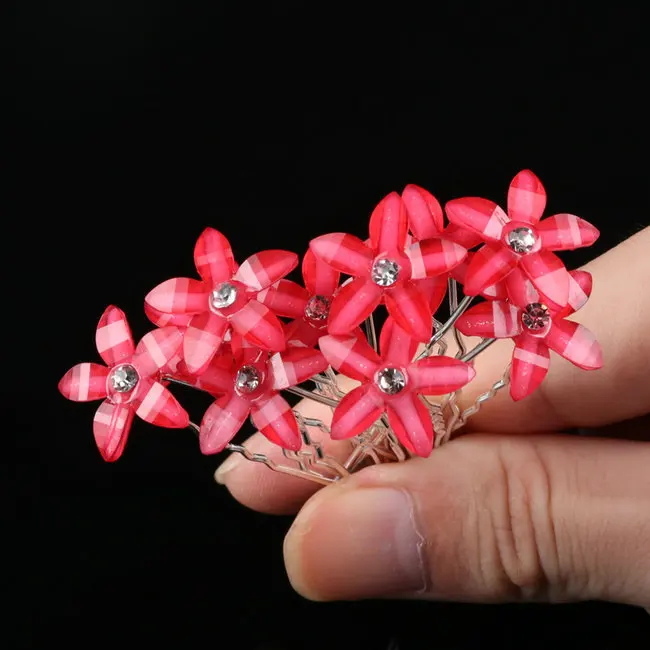 10pcs/set Red Purple Flowers Hairpin Stick Wedding Women Bridal Hairpin U Shaped Hair Clip Hair Accessories Wholesale