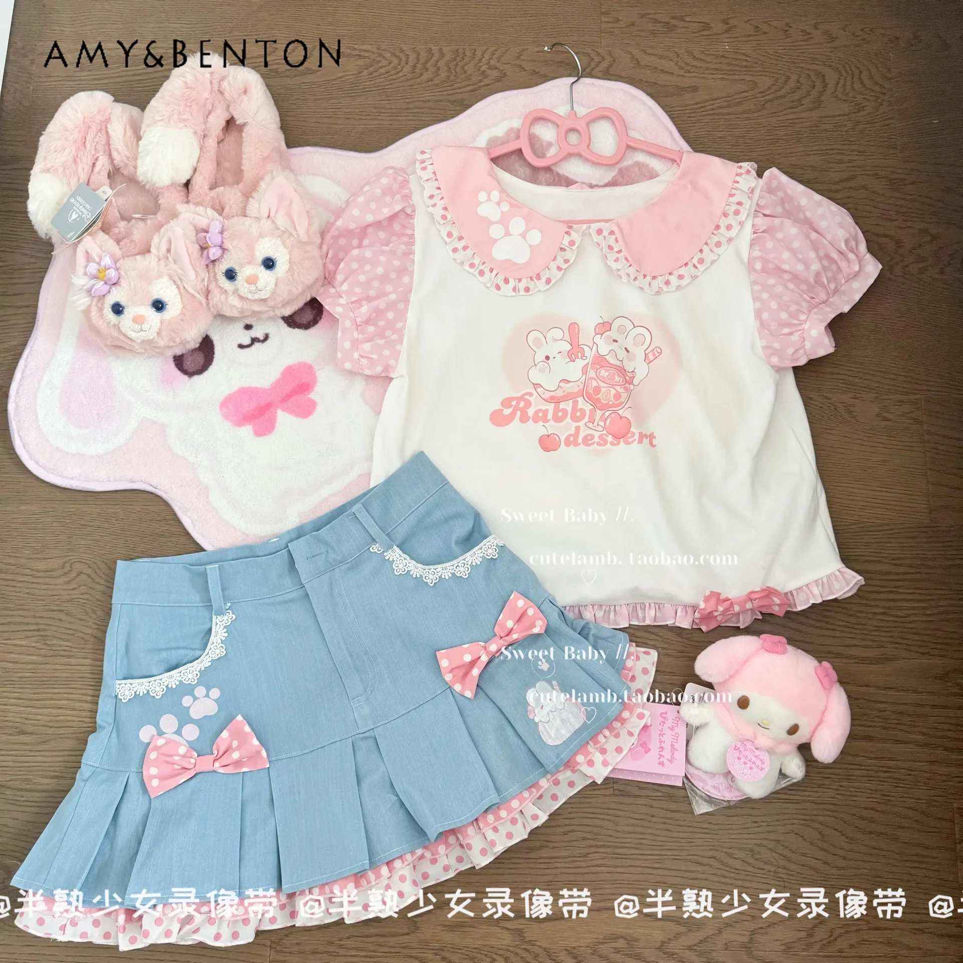 Kawaii Girl Cute Cartoon Print Polka Dot Short-sleeved Top Denim Skirt Two-piece Set Women Summer Preppy Style Sweet Skirt Sets