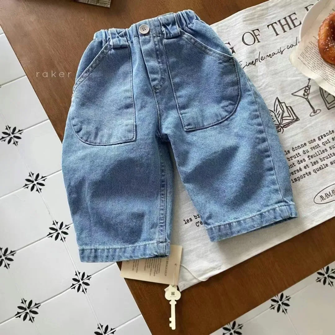 2024 Autumn New Baby Loose Jeans Solid Boys Casual Pants Infant Toddler Harem Pants Newborn Pocket Denim Trousers Kids Clothes