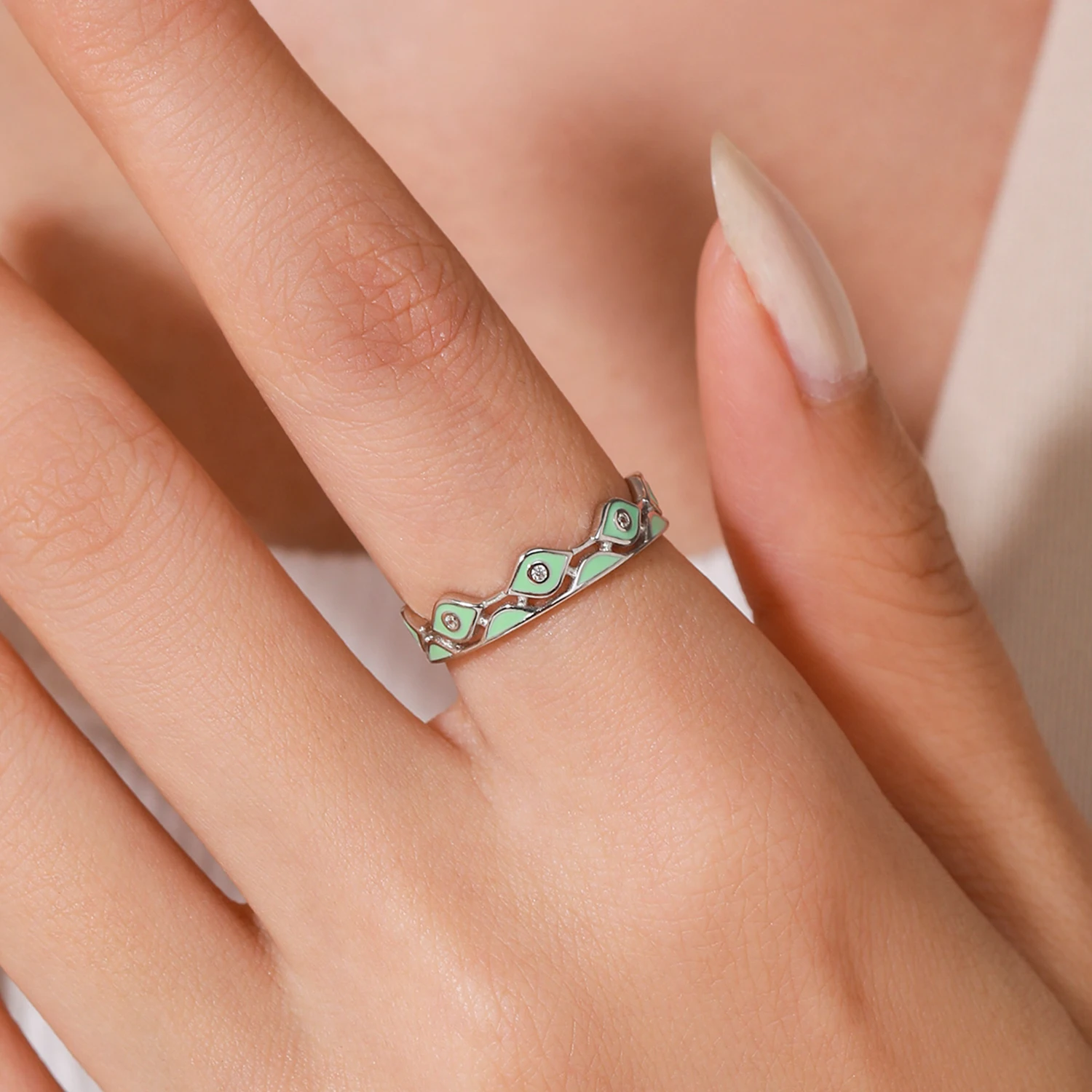 Ailmay 925 فضة خمر المينا الخضراء عيون موضة زركونيا البنصر للنساء مأدبة الزفاف غرامة مجوهرات هدية