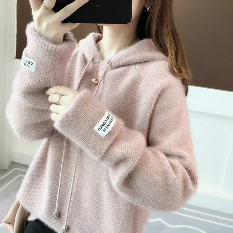 

Mohair Sweaters Loose Pullovers Women New Spring Autumn Long Sleeve Streetwear Knitted Hooded Tops Solid Casual Thicken Sweaters