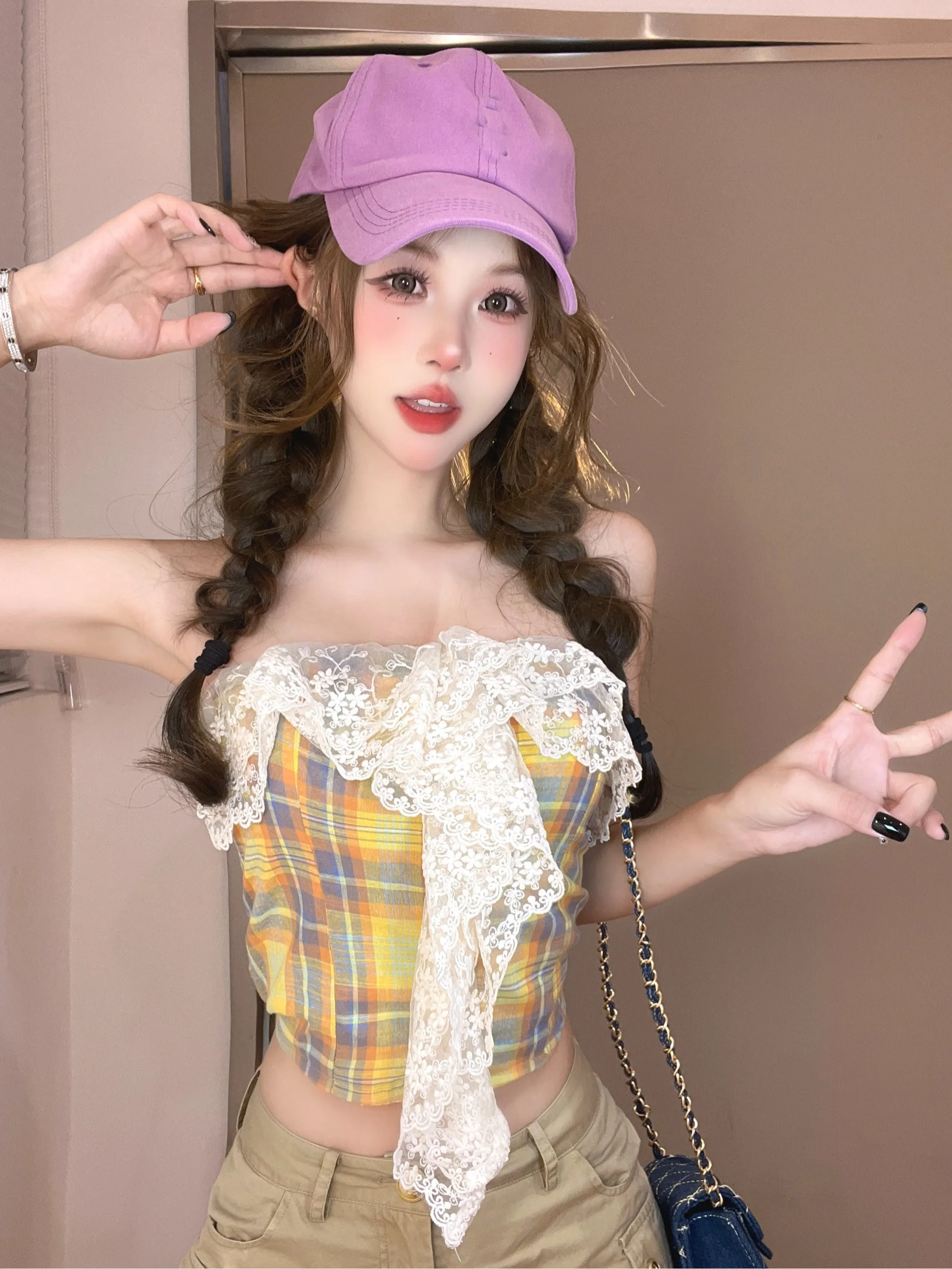 

Retro Plaid Strapless Vest Women's Pure Desire Lace Splice Wrap Chest Spicy Bottoming Top Short Sleeve One-Shoulder Sweet Style