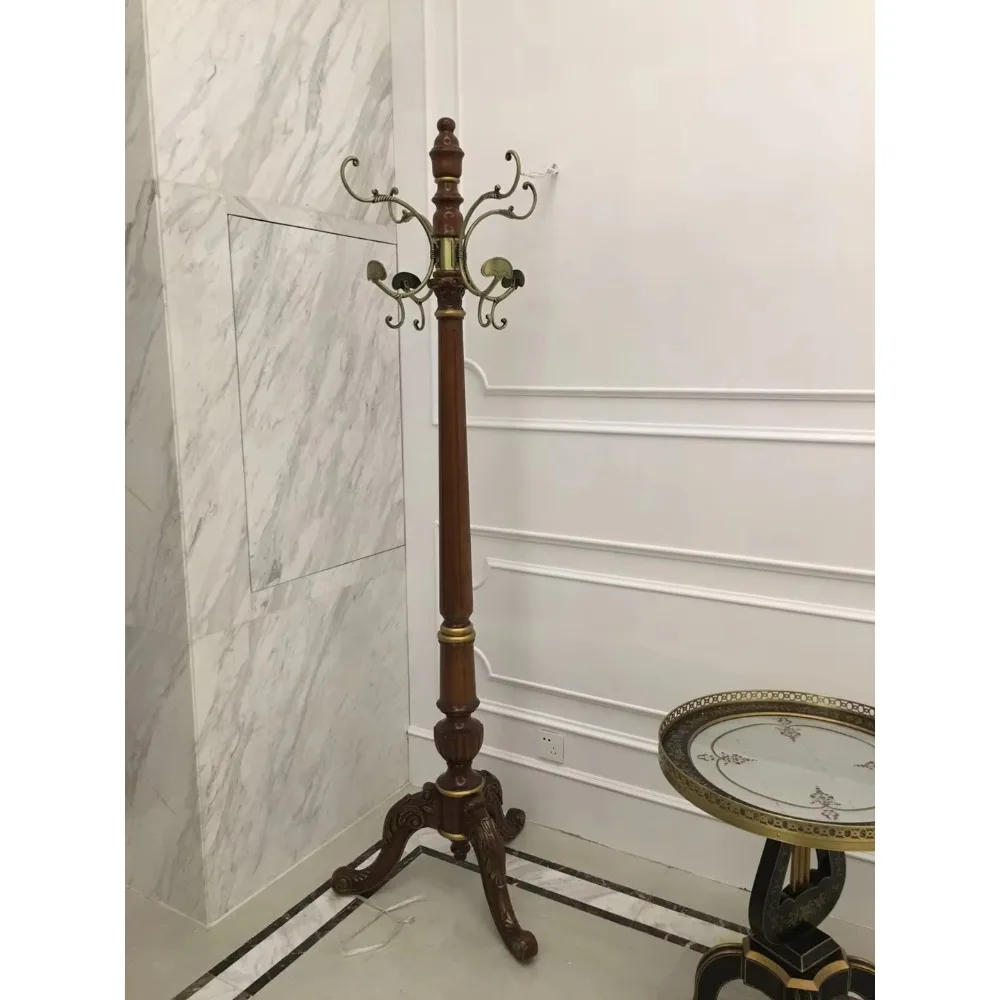 Rubber wood household hat floor standing hanger with 12 hooks and triangular base, used for hanging hats, jackets, and bags
