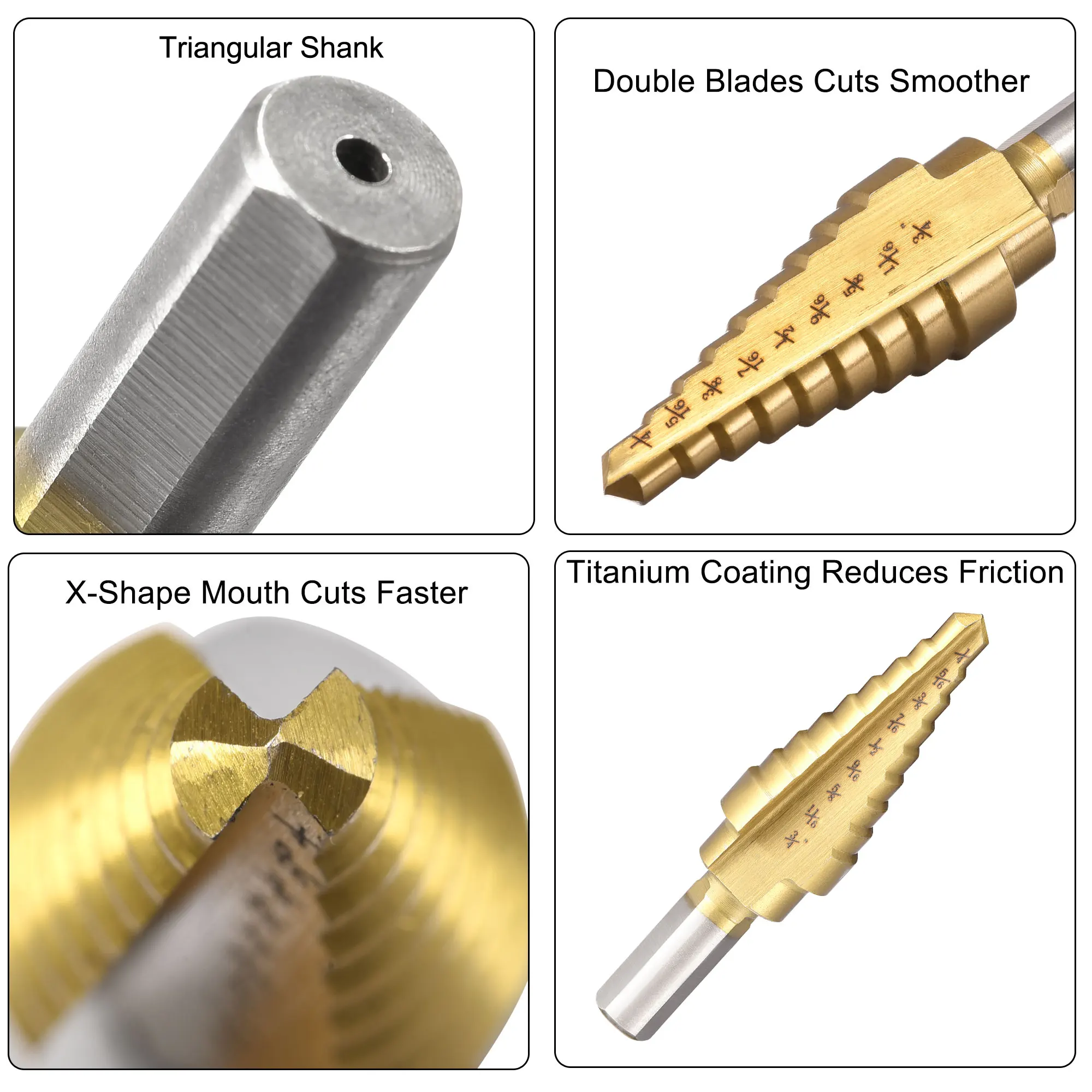 1/2pcs 1/8" to 1/2"  3/16" to 1/2"  1/4" to 3/4" Step Drill Bit HSS4241 Straight Flutes Triangular Shank for Metal Wood Plastic