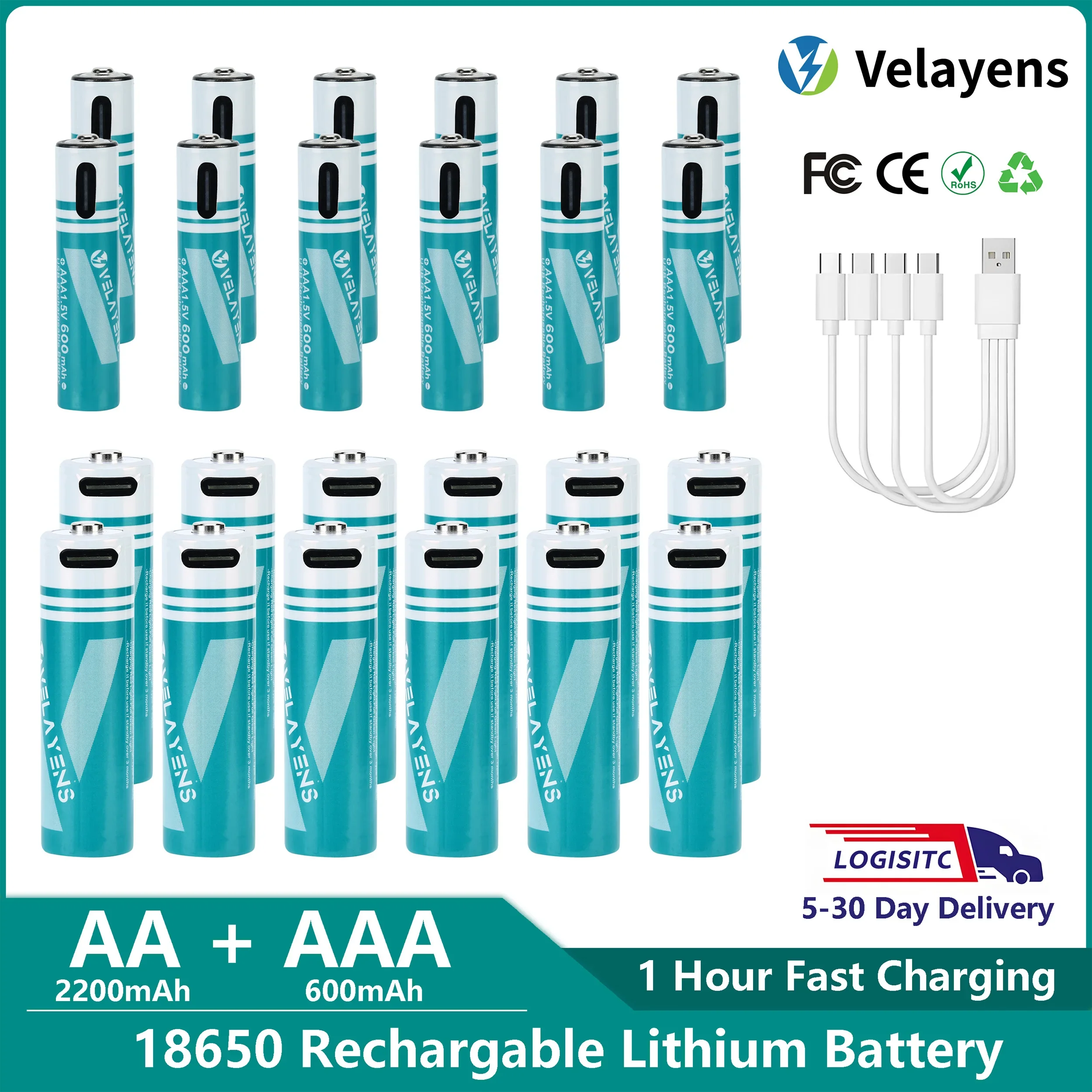 

Набор перезаряжаемых литий-ионных аккумуляторов Velayens 1.5V 2200mAh AA + 600mAh AAA с кабелем USB-C для быстрой зарядки, 1200 циклов зарядки