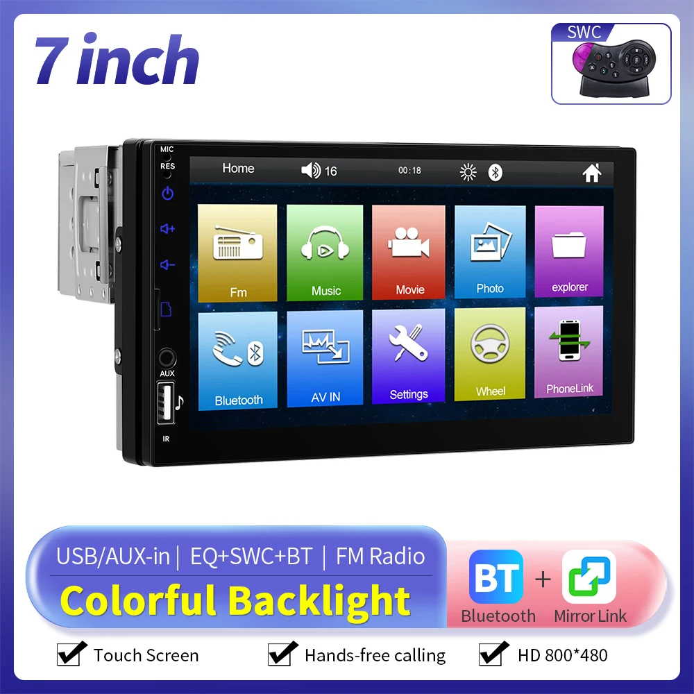 Camecho 1 Din Autoradio 7 "HD Touchscreen Stereo Multimedia MP5 Videospeler Universele Mirrorlink FM USB BT TF-kaart AUX-ingang