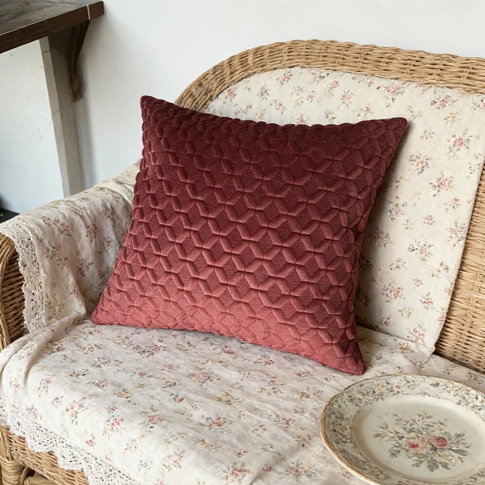 Luxurious Burgandy Quilted Velvet Armchair Sofa Throw Pillow Case 45x45cm Home Room Decor Cushion Cover 1 Piece Pack