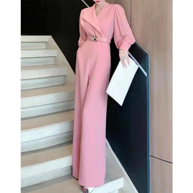 2024 New Spring Office Lady Fashion elegante cintura a vita alta Party tute a gamba larga donna manica lunga rosa pagliaccetti tascabili larghi