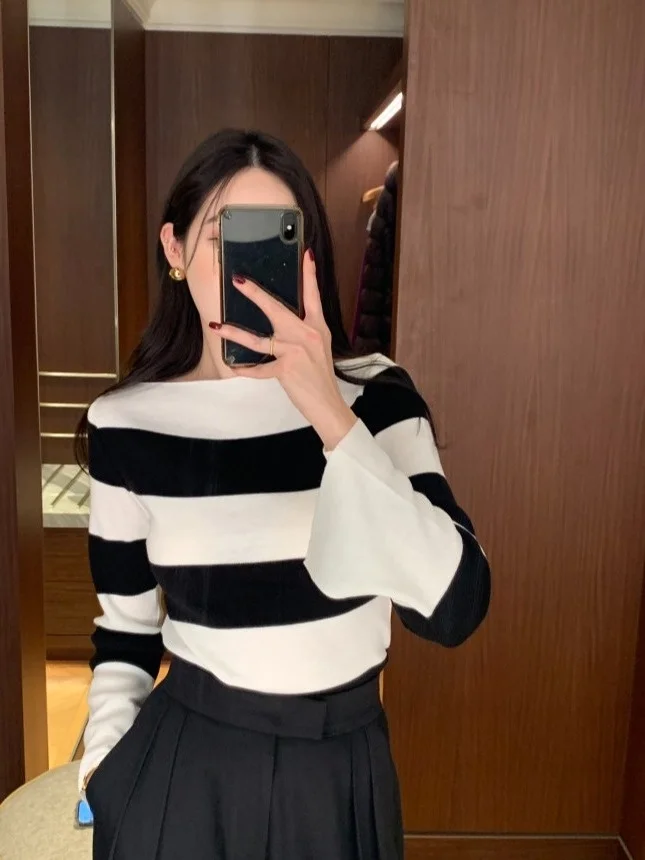 

Slim Fit round Ne Knitted Sweater Bell Sve Striped Color Blo Chic Autumn Winter Vintage Small ence Knitwear