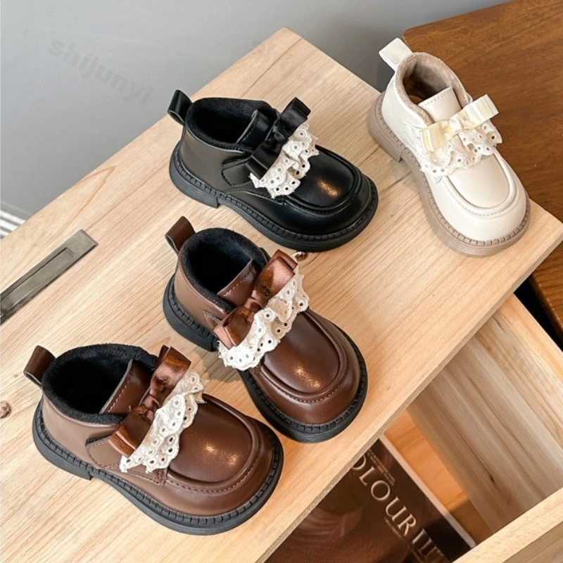 

Children's Fashion Bow Knot Leather Shoes 2025 Winter New Girls Plush Thicken Cotton Shoes Outdoor Non Slip Comfort Casual Shoes