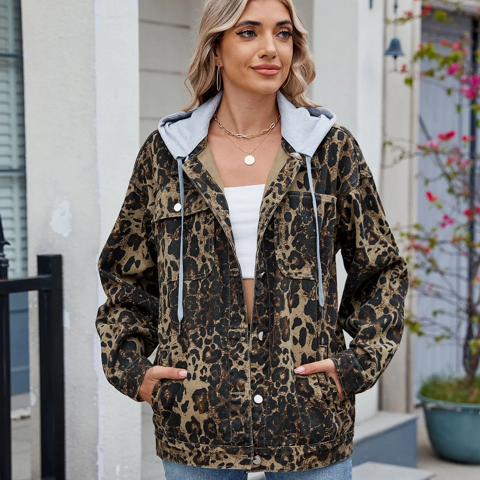 Denim Jacket Women Leopard Print Coat Pockets Removable Hooded Single Breasted Streetwear Vintage Overcoat Female Outerwear